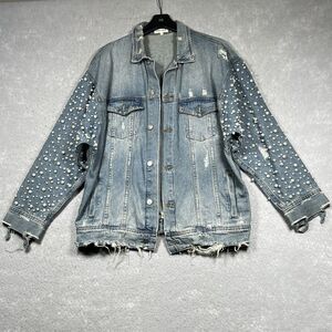 Sunset + Spring Embellished Oversized Distressed Denim Jacket Women’s Large Blue